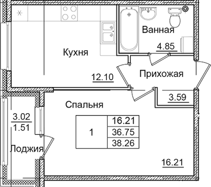 1-комнатная квартира 38.26 м², 2/9 эт., ЖК «Квартал Заречье»